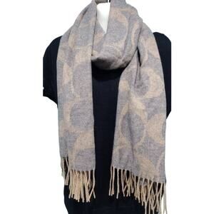 Coach Wool Blend‎ Signature Scarf with Fringes, Beige and Gray